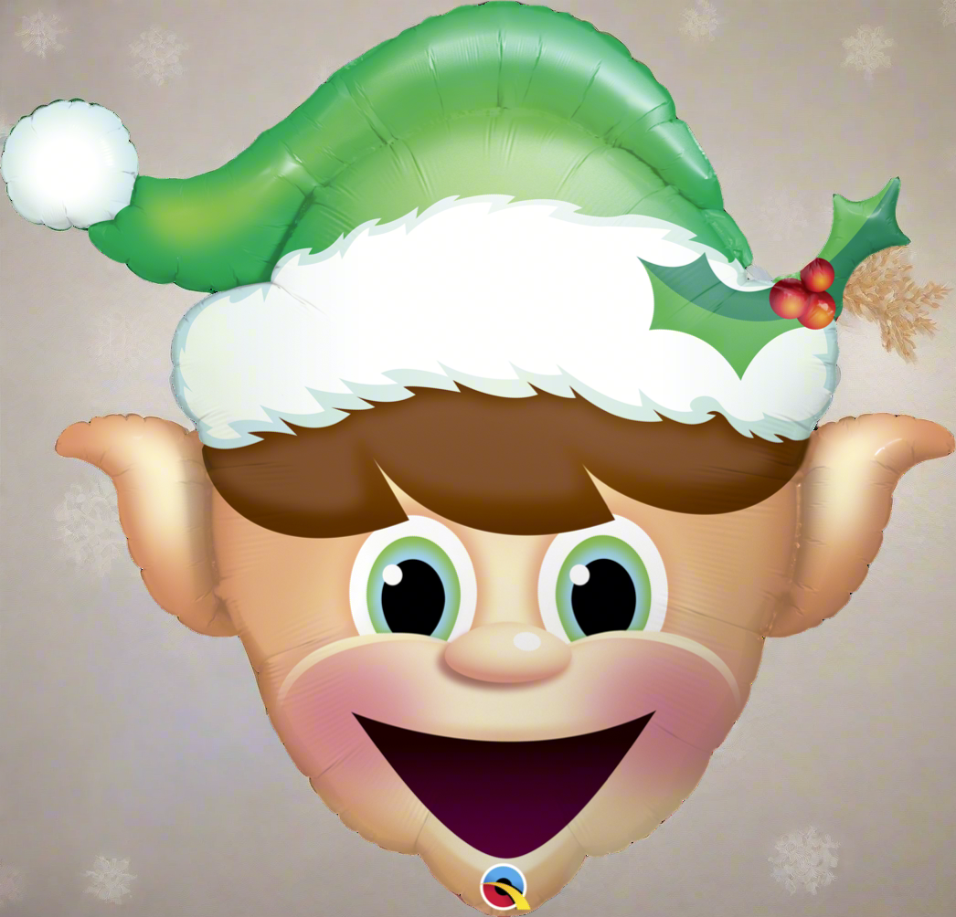 A festive Elf Balloon Bouquet featuring a 34-inch Elf super shape balloon with 6 smaller balloons, complete with a weight and transportation bag.