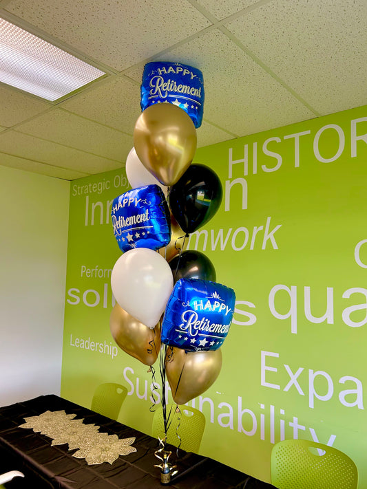 retirement balloon bouquet filed with helium for retirement parties.