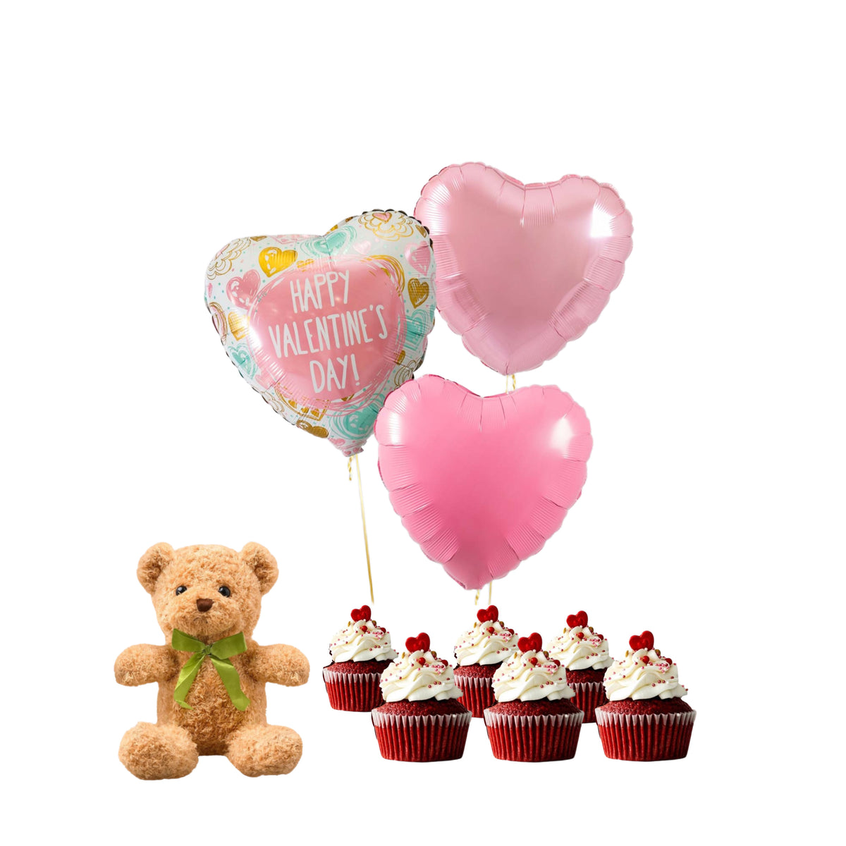 Valentine’s Day Package with red velvet cupcakes, heart balloons, and a teddy bear in Toronto and the GTA.