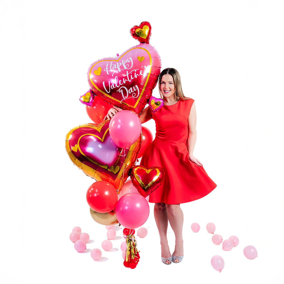 Double Heart Valentine Balloon Bouquet styled for a romantic photo moment – Valentine's Day balloons Toronto