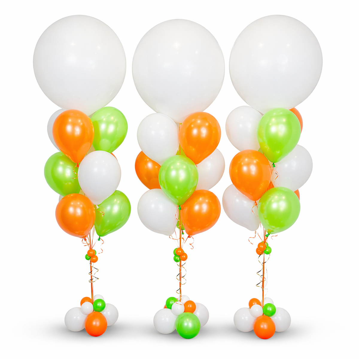 Three jumbo white balloon bouquets with orange, green, and white helium balloons for event decor in Toronto by Wooow Balloons