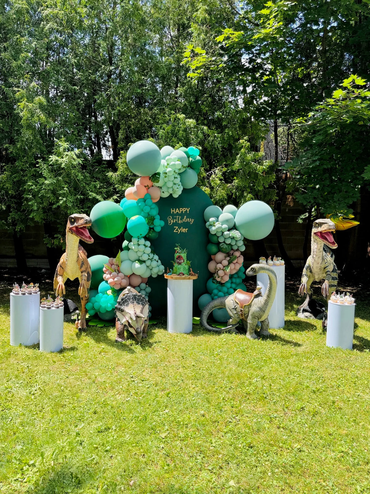 Decorative setup with balloons, dinosaur figures, and a cake on a grassy area with trees in the background.