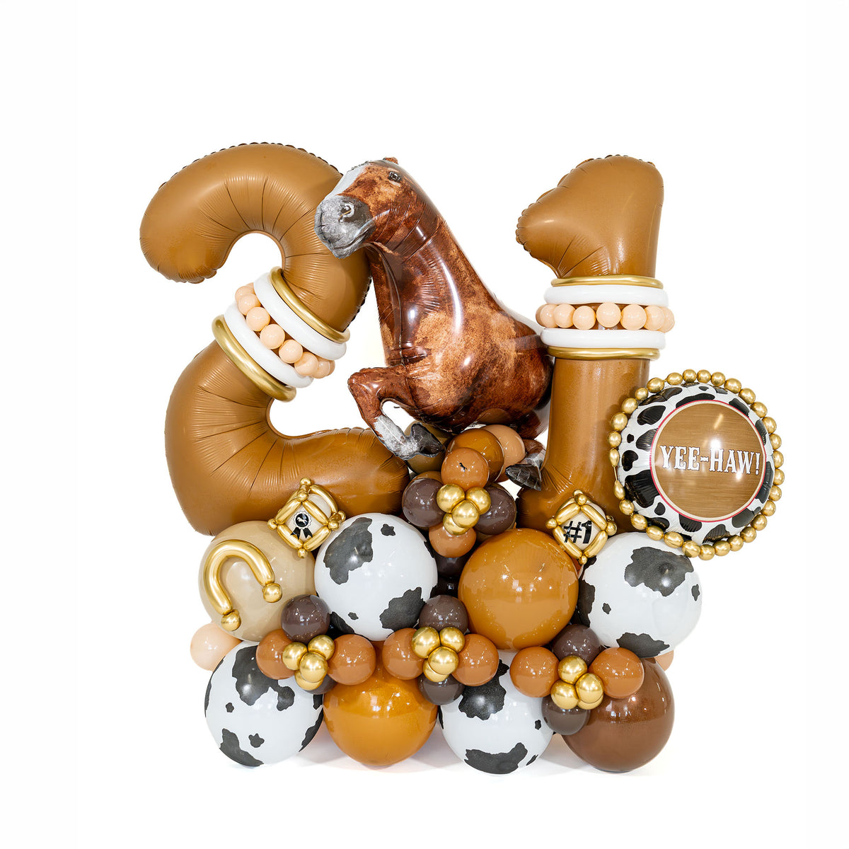 Cowboy birthday balloon arrangement with bronze number 21, a horse, cow-print details and floating gold, cream and caramel balloons by Wooow Balloons Toronto.