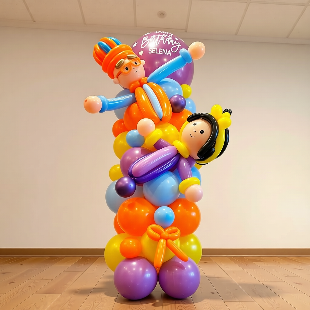 Bippli balloon column with twisted balloon characters and custom message topper, balloons for kids in Toronto.