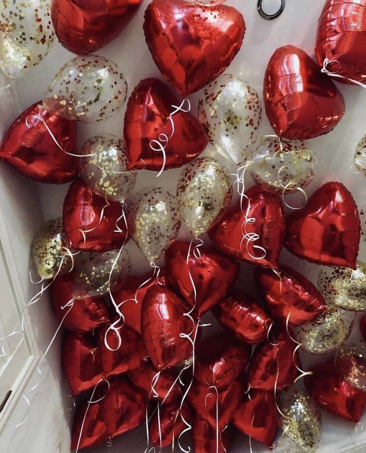 Helium-filled Hearts & Confetti Balloons in red and gold, perfect for Valentine’s Day or romantic occasions.
