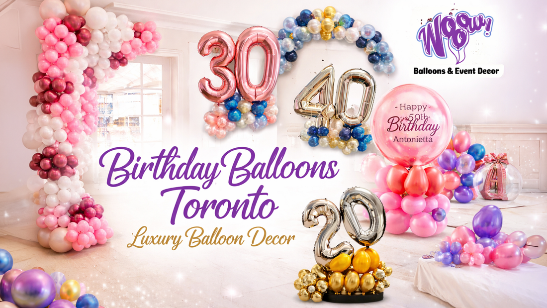 Birthday balloons Toronto luxury setup with number balloons, garland decor and custom birthday balloon arrangement by Wooow Balloons