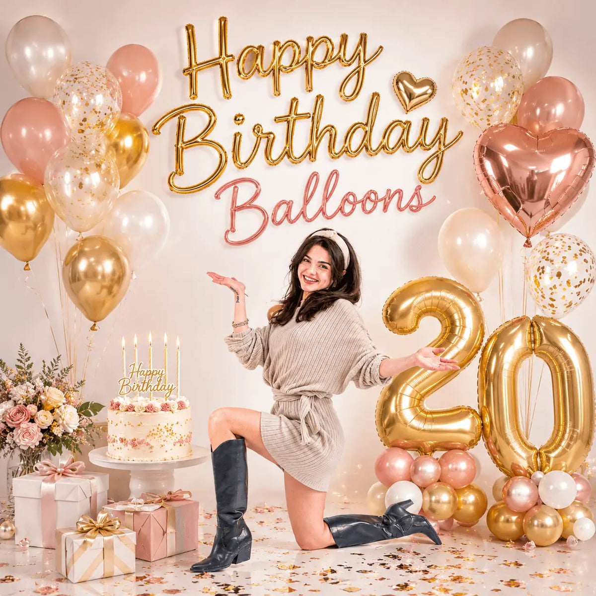 Gold and rose gold 20th birthday balloon arrangement with a Happy Birthday sign by Wooow Balloons in Toronto