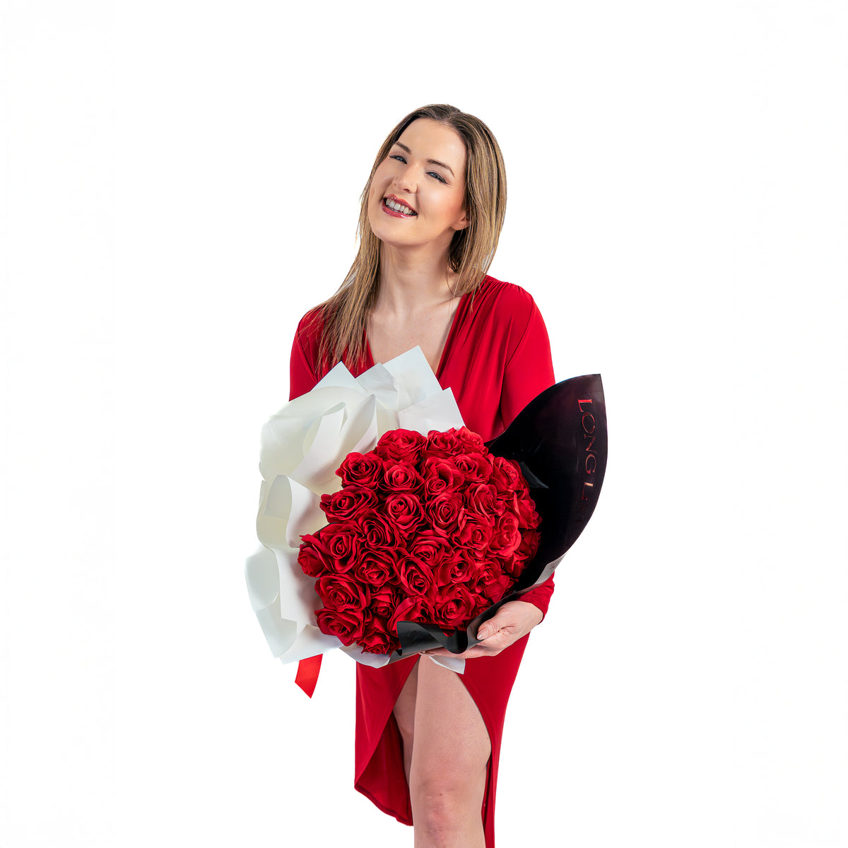 Luxury 25 red roses bouquet in Toronto with premium black wrap
