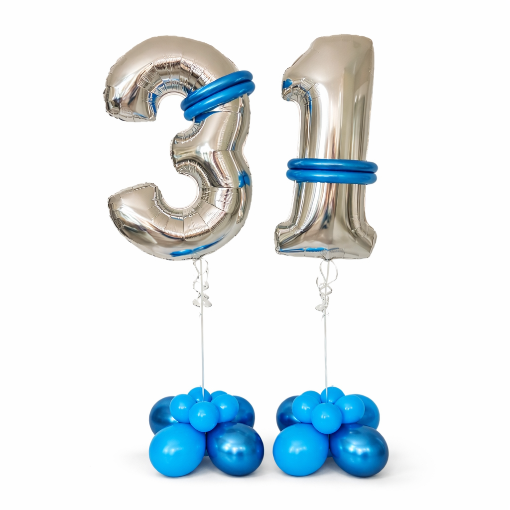 Silver number 31 balloon bouquet with blue base balloons for birthday celebration Toronto same day delivery
