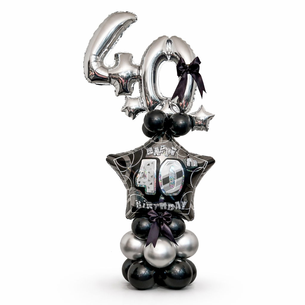 Luxury 40th birthday balloon bouquet in black and silver with foil number balloons and star balloon, elegant birthday balloon arrangement for delivery in Toronto and GTA
