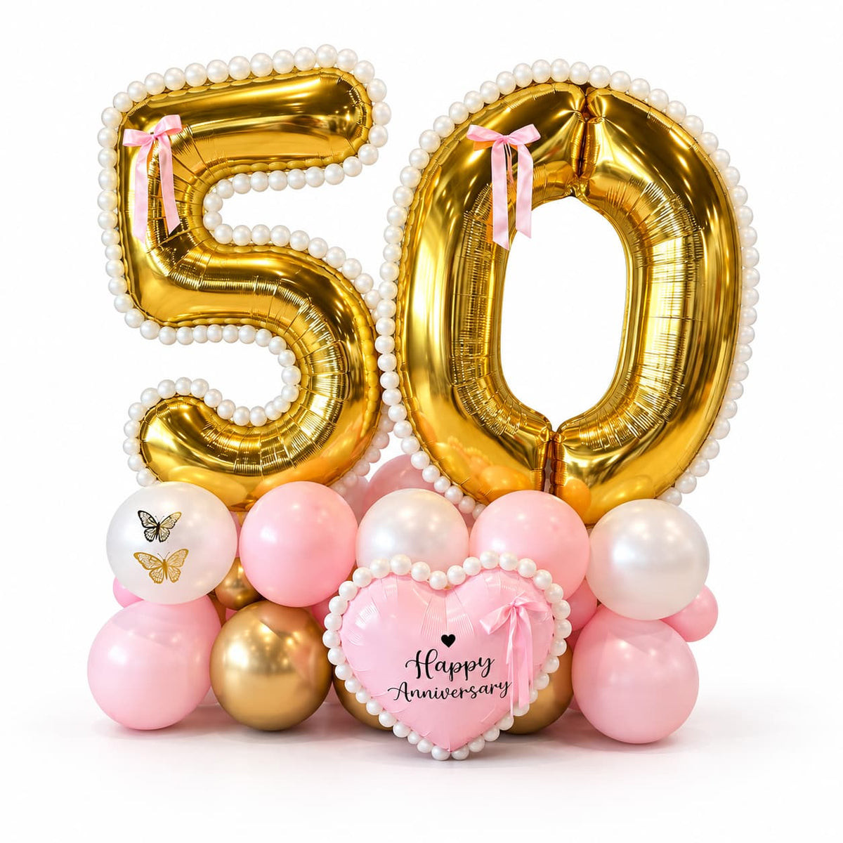 50th wedding anniversary balloon arrangement by Wooow Balloons in Toronto, with gold number balloons, pearl trim, pink bows and a pink Happy Anniversary heart.