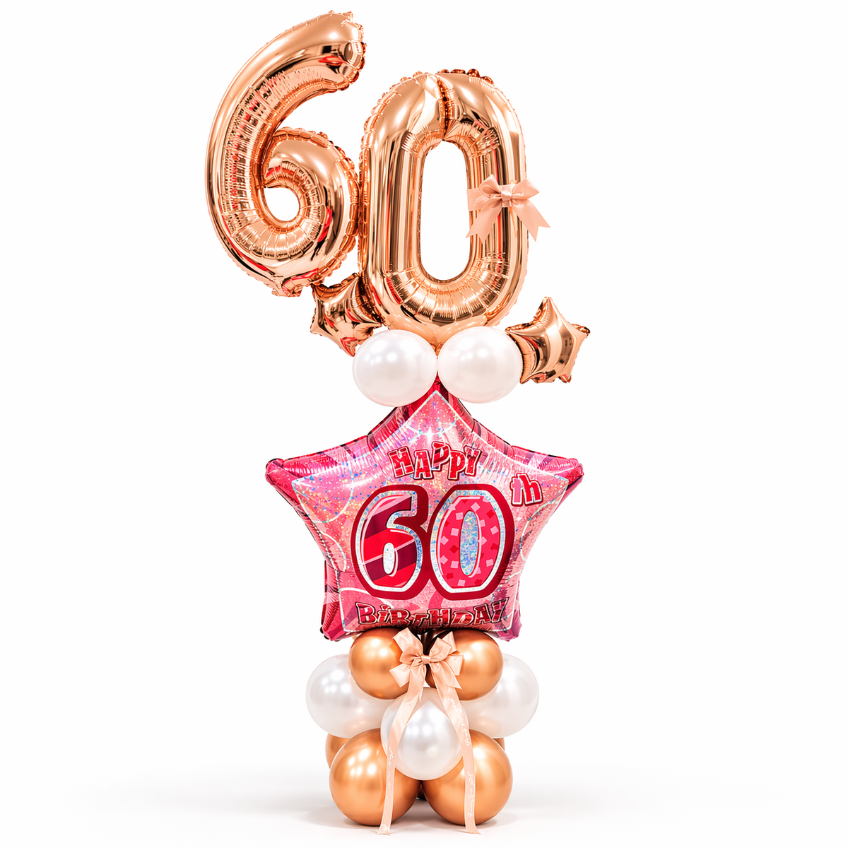 60th birthday balloon bouquet with rose gold number balloons, pink star balloon and white helium balloons, luxury birthday balloons Toronto same day delivery