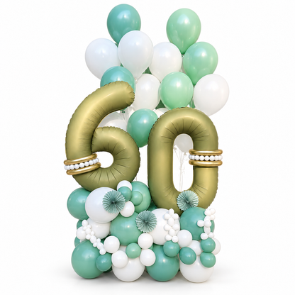 60th birthday balloon display with gold 60 number balloons, a mint and white balloon base, and matching helium balloons in Toronto