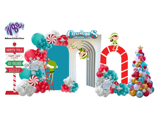 Corporative Christmas decor setup, customized backdrops, balloon garlands, holiday decorations for businesses