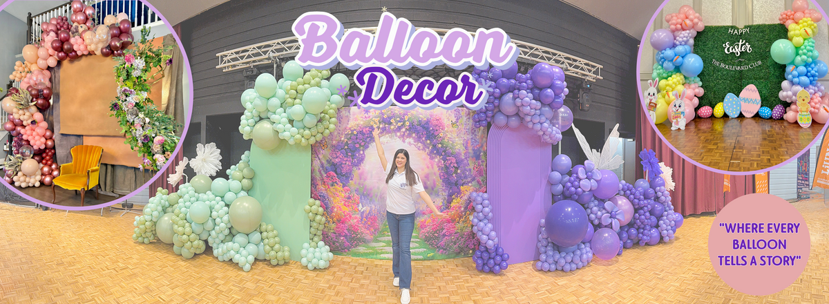 Balloon decor setup with a person standing in front, featuring pastel colors and 'Balloon Decor' text.