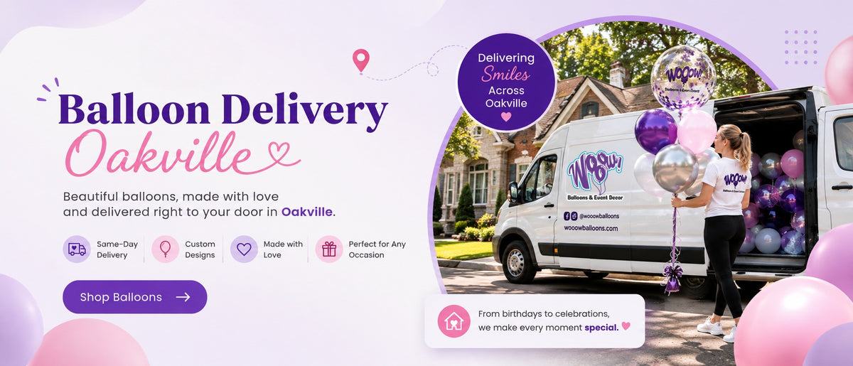 Wooow Balloons delivery van with purple balloon bouquet in Oakville