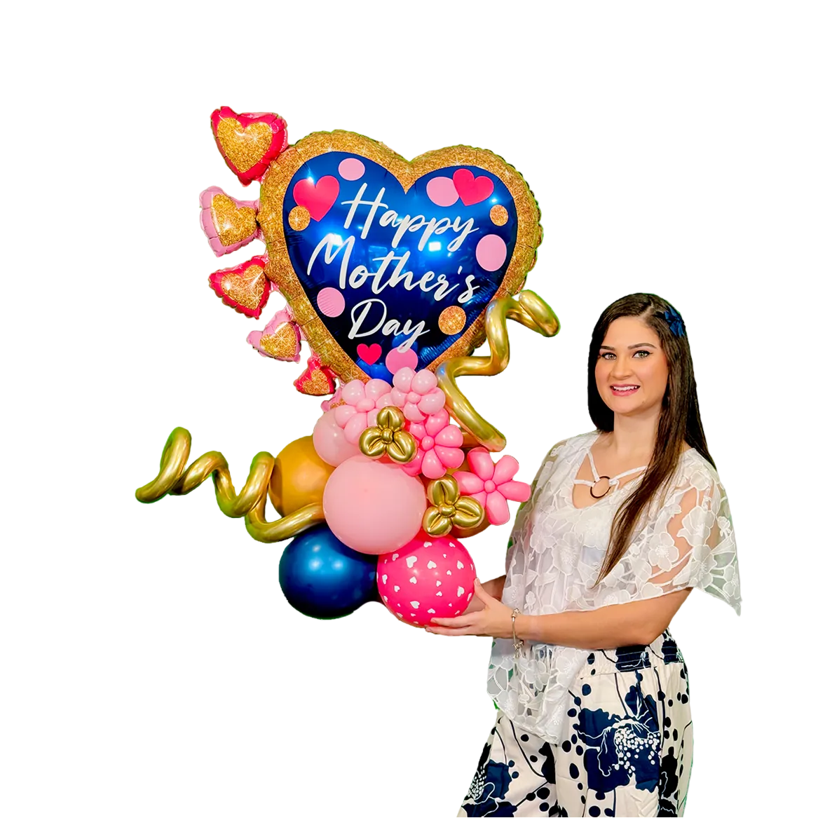 Luxury Mother’s Day balloon bouquet with blue heart “Happy Mother’s Day” balloon, gold accents, and pink floral balloons, held by model on white background, Toronto same day delivery