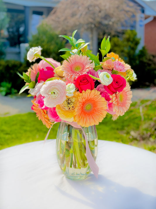 Hand-tied Mother’s Day flower bouquet with gerberas and seasonal blooms – jar not included