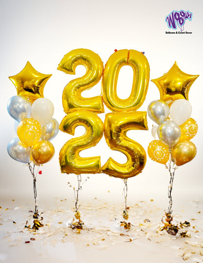 Festive New Year balloon bouquets featuring the numbers 2026 and two colourful helium-inflated balloon arrangements, complete with weights and bags for easy transportation.