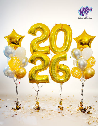 Gold “2026” foil number balloons with star and latex clusters — New Year’s Eve party decoration, Wooow Balloons Toronto.