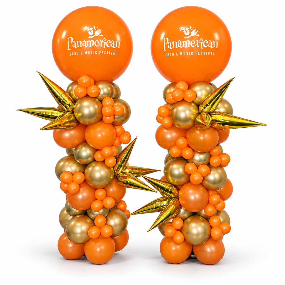 Two orange and gold balloon columns with gold starburst accents and Panamerican Food & Music Festival logo toppers by Wooow Balloons in Toronto.