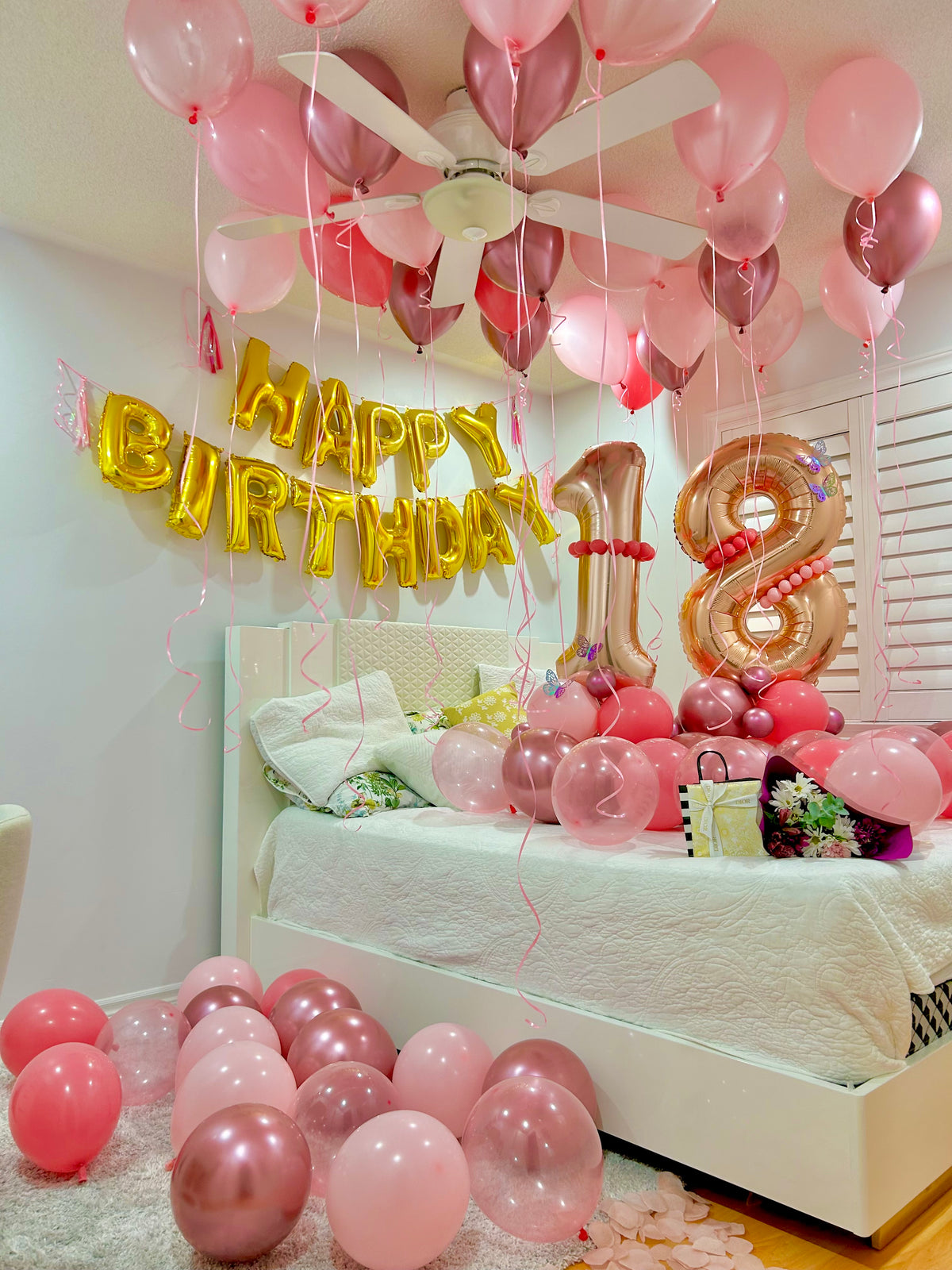Pink Birthday Room Decor with Helium Balloons and Happy Birthday Banner