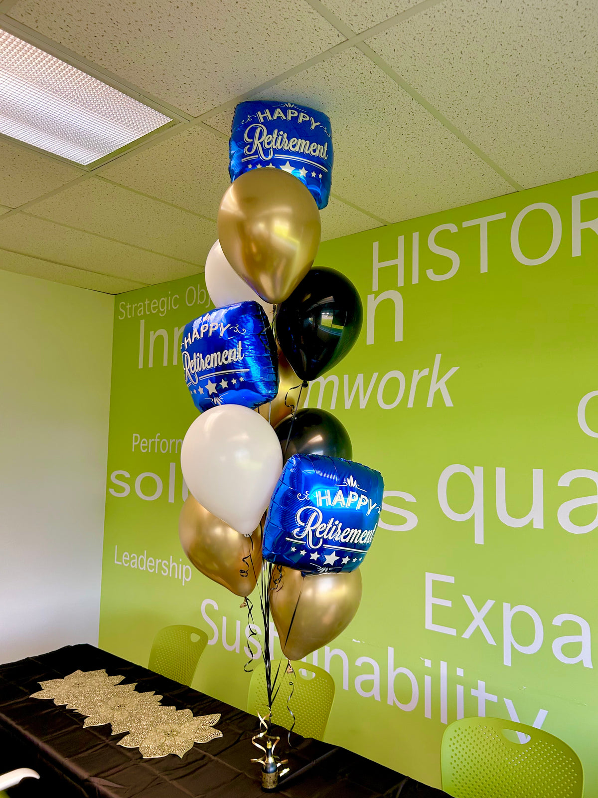 retirement balloon bouquet filed with helium for retirement parties.