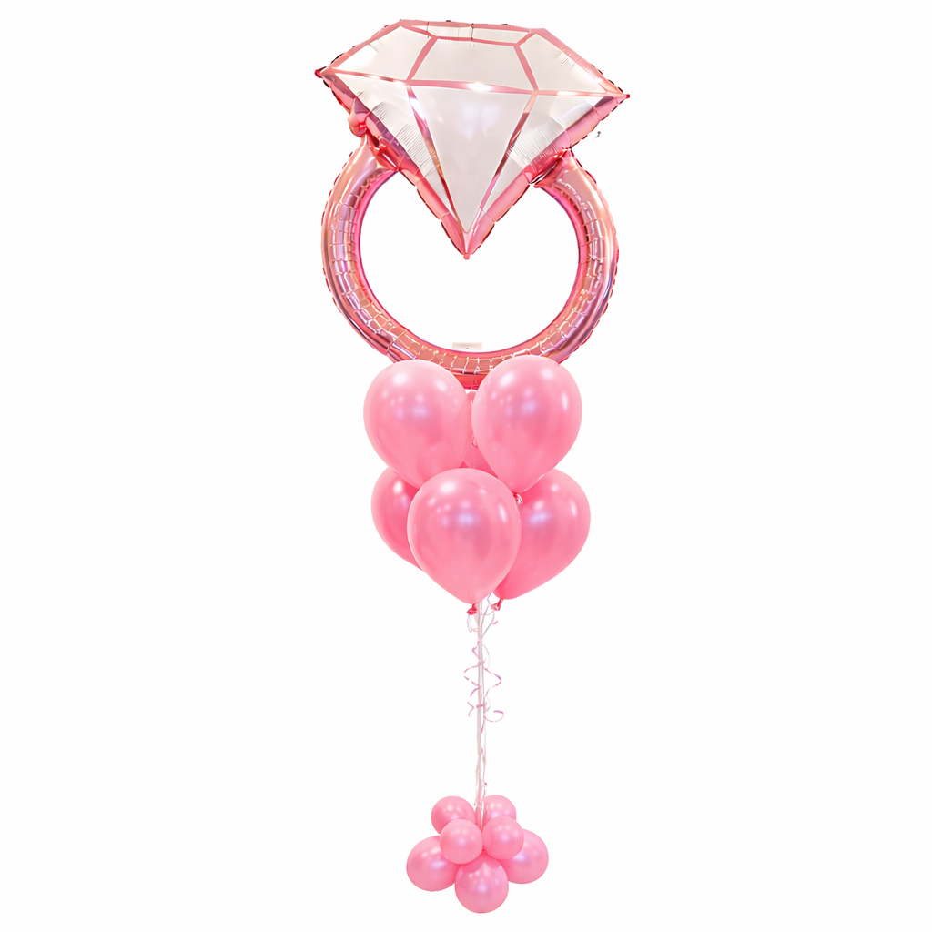 Engagement party balloons Toronto – rose gold diamond ring balloon bouquet with pink latex balloons on white background by Wooow Balloons