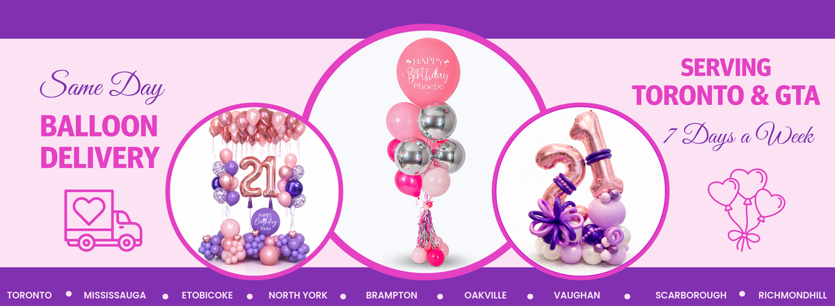 Promotional banner for balloon delivery services, featuring three circular balloon arrangement examples in pink, purple, and silver, with text reading 'Same Day Balloon Delivery' and 'Serving Toronto & GTA 7 Days a Week'.