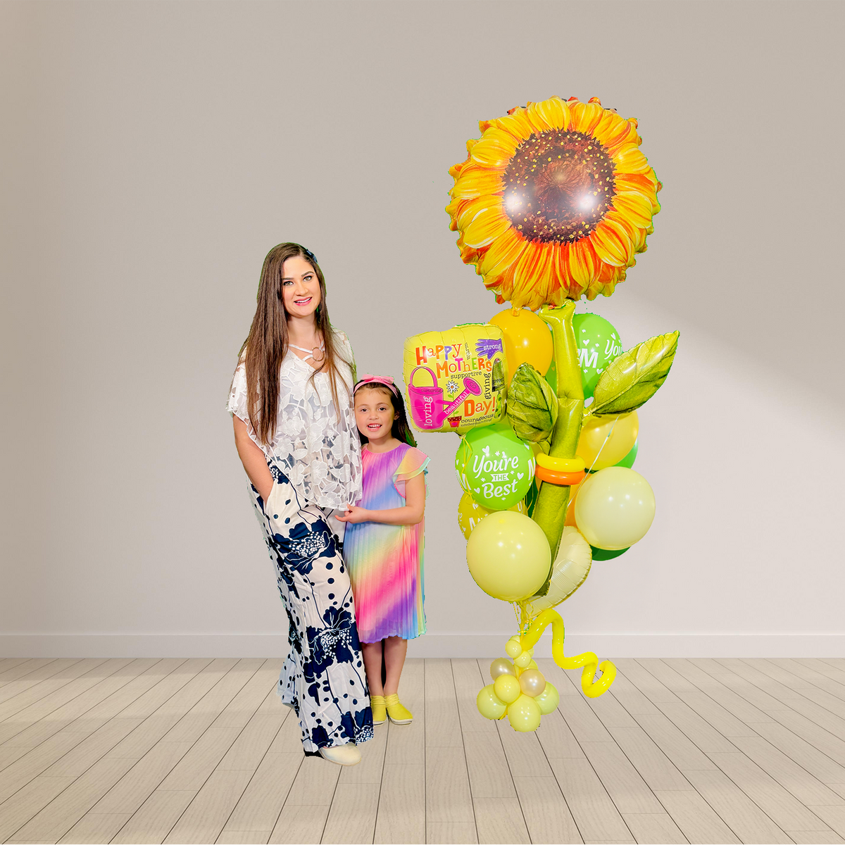 Sunflower Mother’s Day Balloon Bouquet with 5ft sunflower, heart balloon, latex balloons and balloon weight, helium-filled