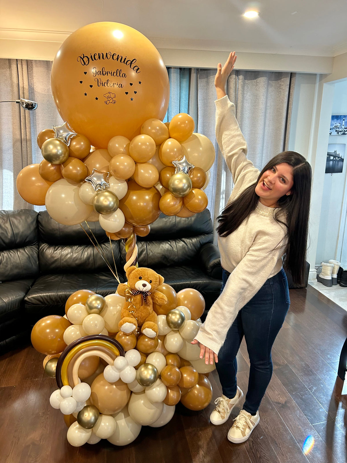 Teddy Bear Balloon Arrangement featuring a balloon display with a teddy bear and elegant balloon clusters, ideal for baby showers and newborn celebrations.
