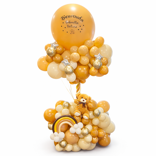 Teddy Bear Balloon Arrangement featuring a balloon display with a teddy bear and elegant balloon clusters, ideal for baby showers and newborn celebrations.