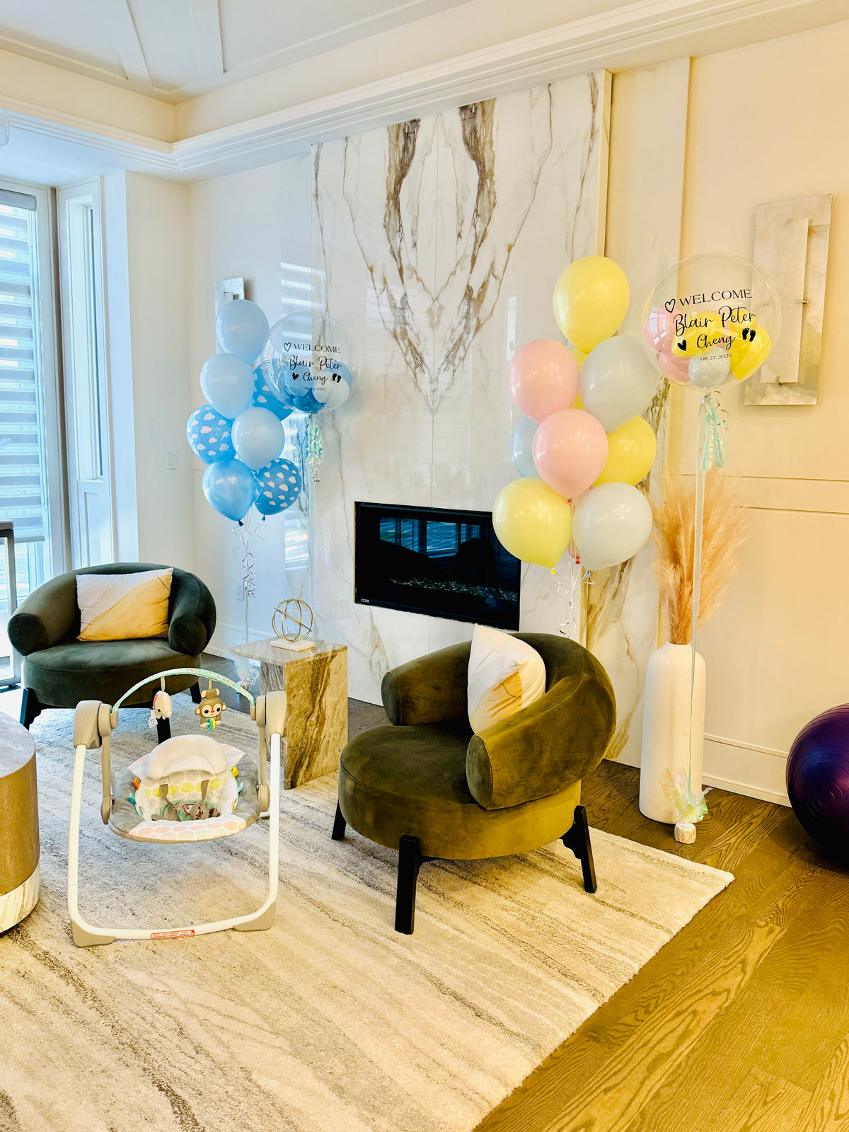 Decorated living room with balloons and furniture, featuring a baby new born balloons and bubble with delivery in Toronto.