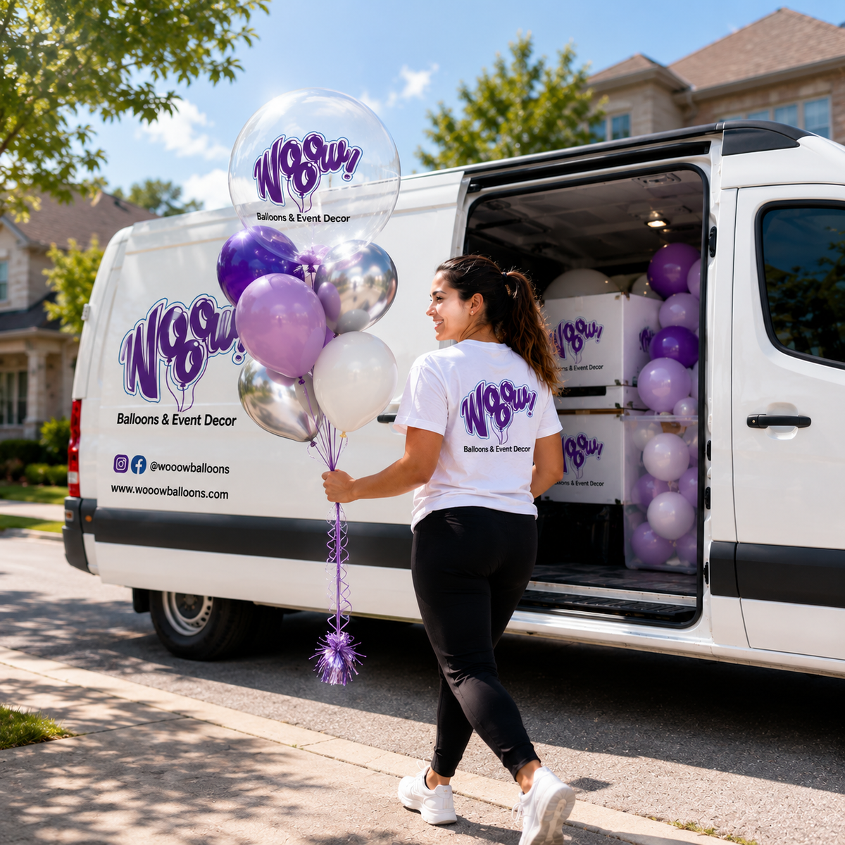 Wooow Balloons team member delivering a purple balloon bouquet from a branded van