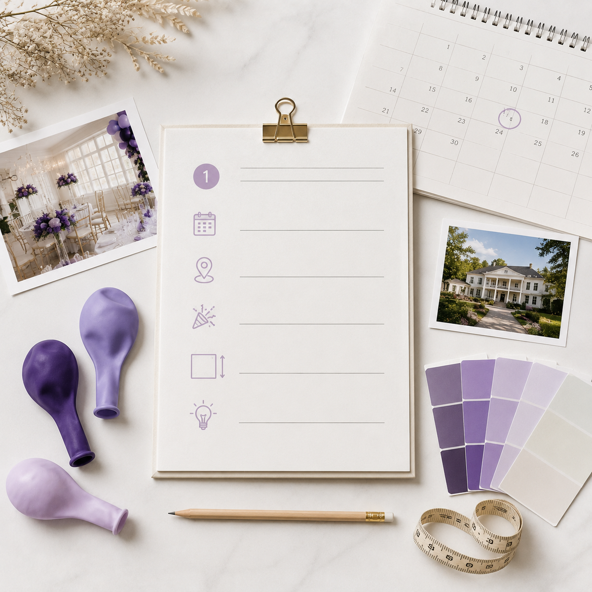 Event planning checklist with purple balloons, colour swatches and venue photos