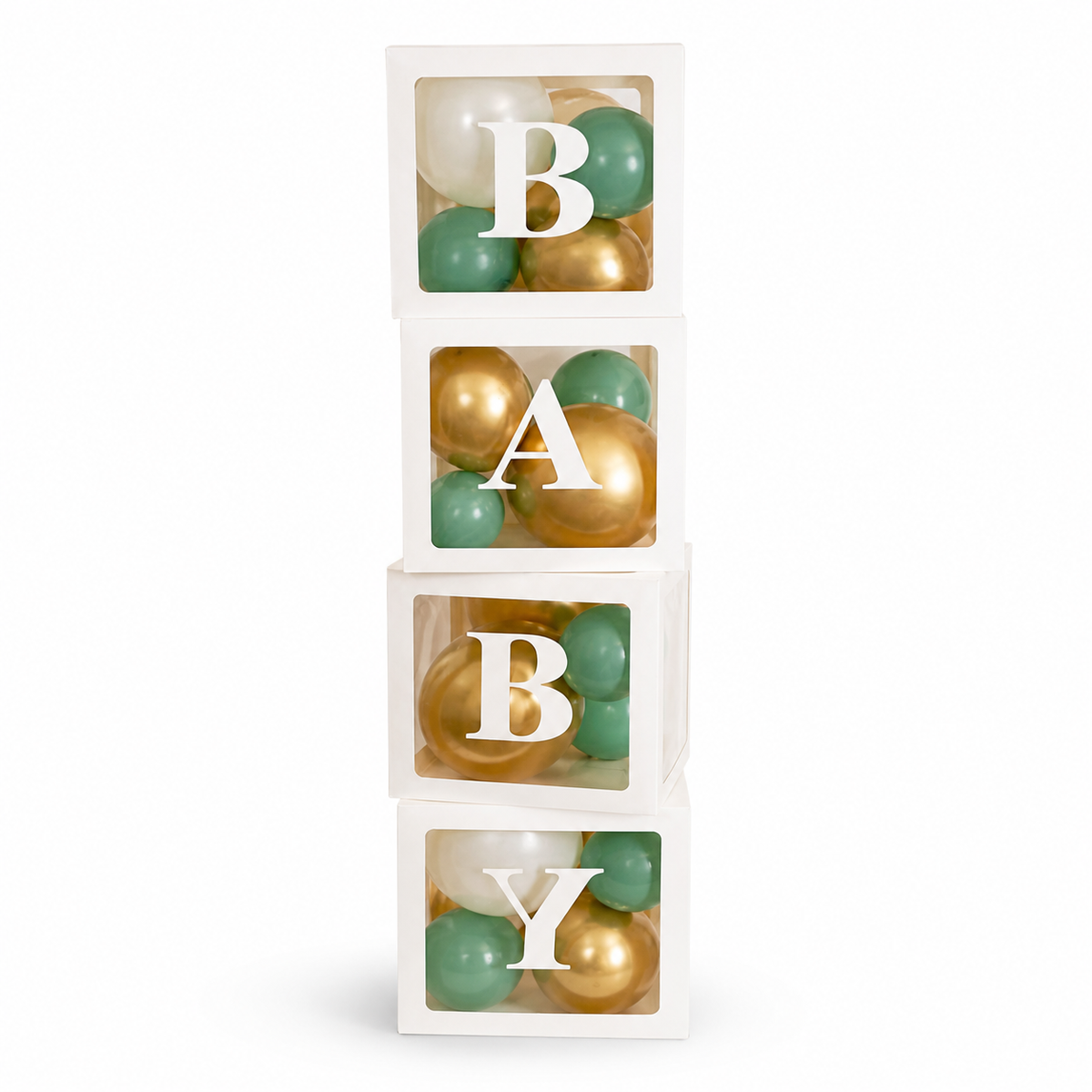 Baby balloon boxes with green, gold and white balloons, baby shower decoration display boxes Toronto GTA