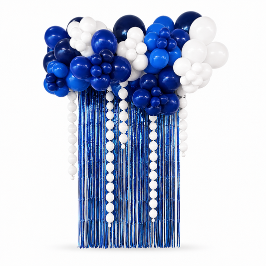 Balloon curtain backdrop with organic balloon cloud, cascading strands and metallic fringe in Toronto