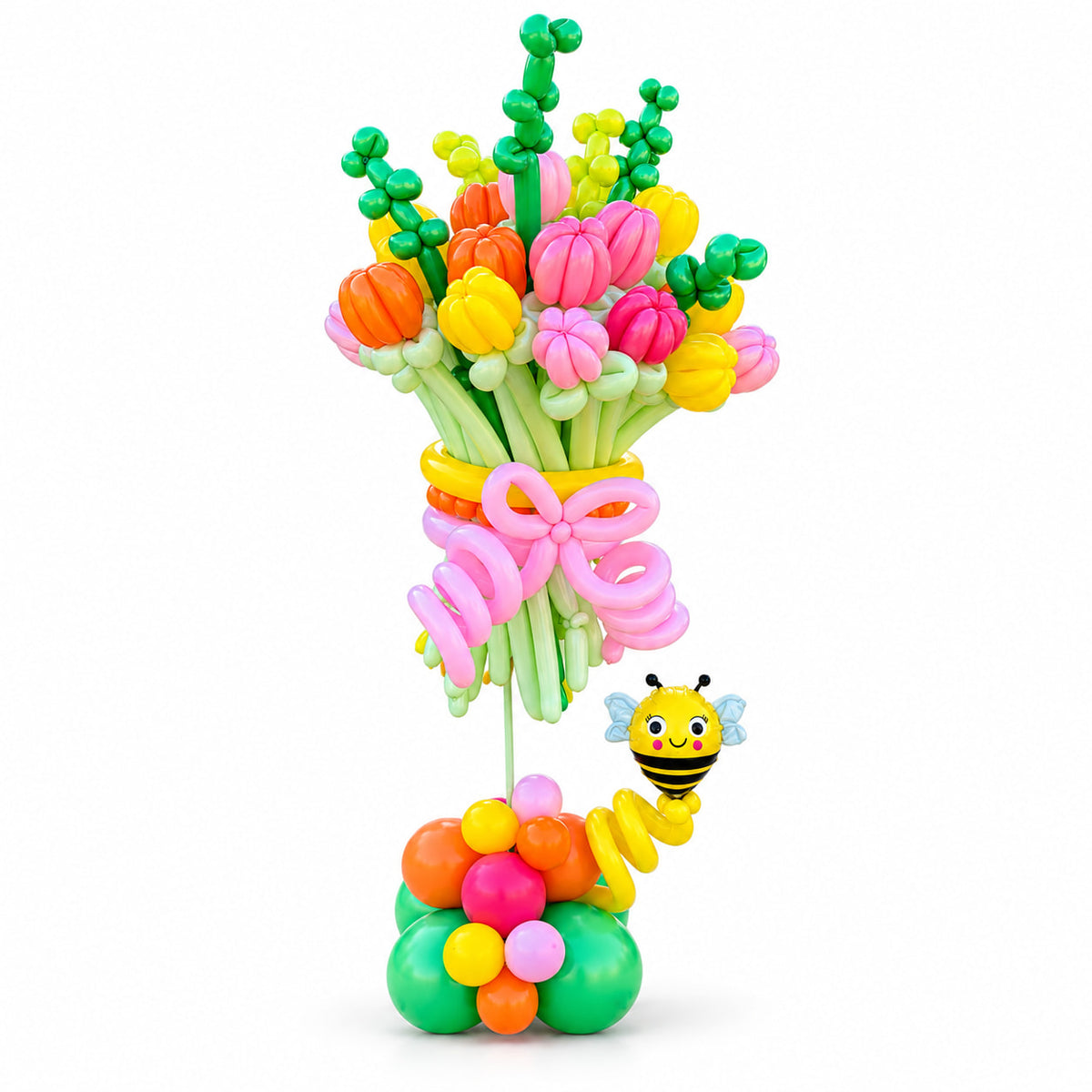 Balloon flower bouquet by Wooow Balloons in Toronto, featuring pink, yellow and orange flowers, green stems, a pink balloon bow and a smiling bee.