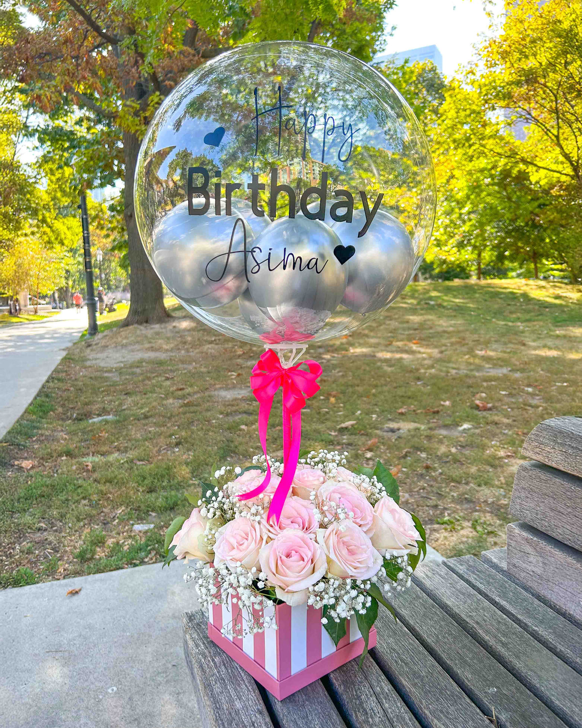 Luxury balloon and flower box birthday gift Toronto – pink roses arrangement with personalized clear bubble balloon by Wooow Balloons