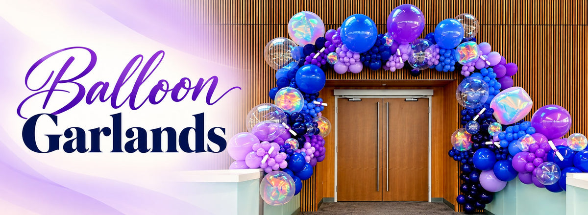 Balloon Garlands Toronto collection banner featuring a blue and purple organic balloon garland with clear and iridescent balloons framing wooden doors.