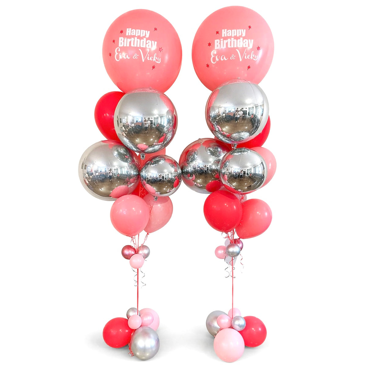Balloon arrangement with pink and silver balloons toronto