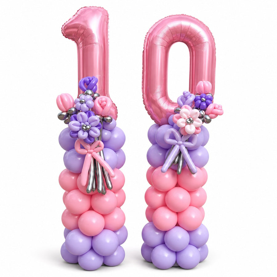 Pink and lavender birthday number balloon columns with number 10 and floral balloon accents in Toronto