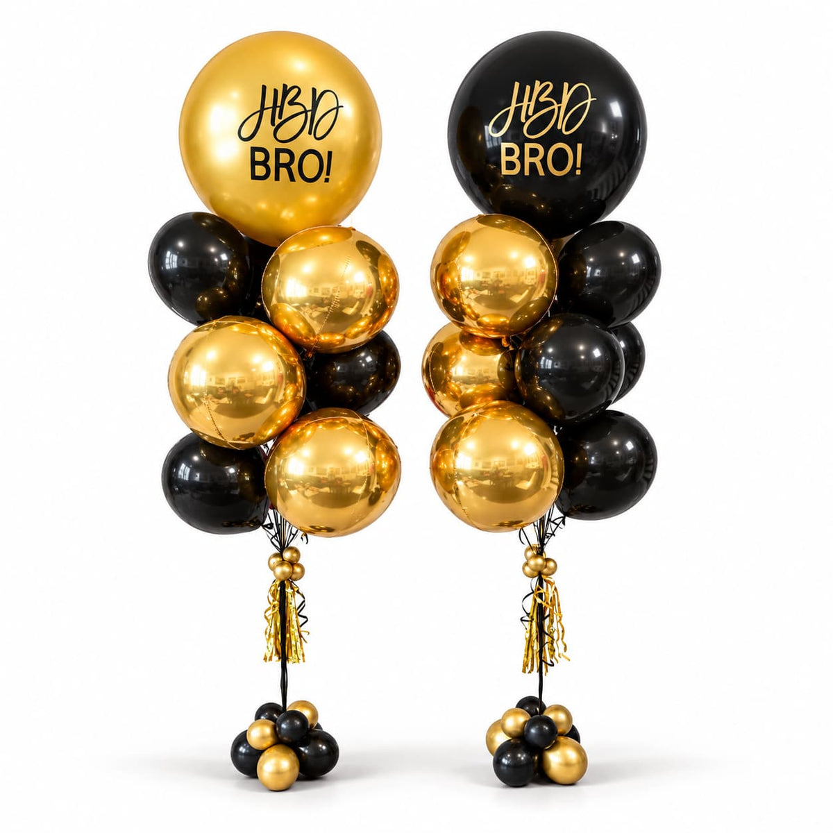 Black gold birthday balloons by Wooow Balloons in Toronto, showing two HBD BRO! bouquets with gold tassels and matching balloon bases.