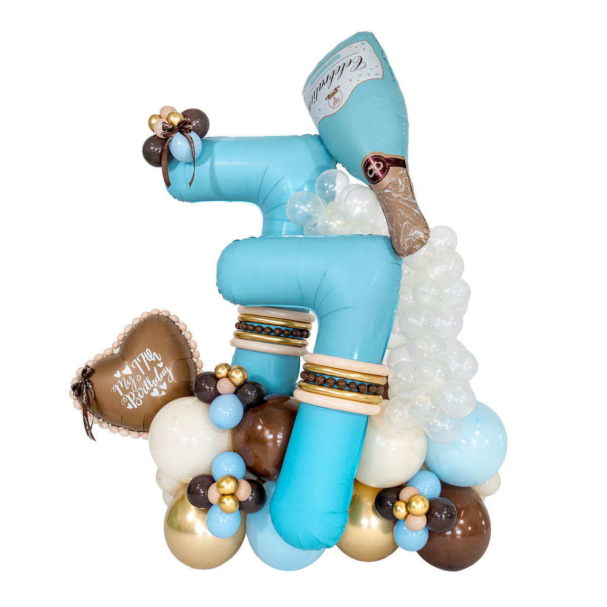Champagne birthday balloons with turquoise 77 numbers, a bottle foil balloon and gold details by Wooow Balloons in Toronto
