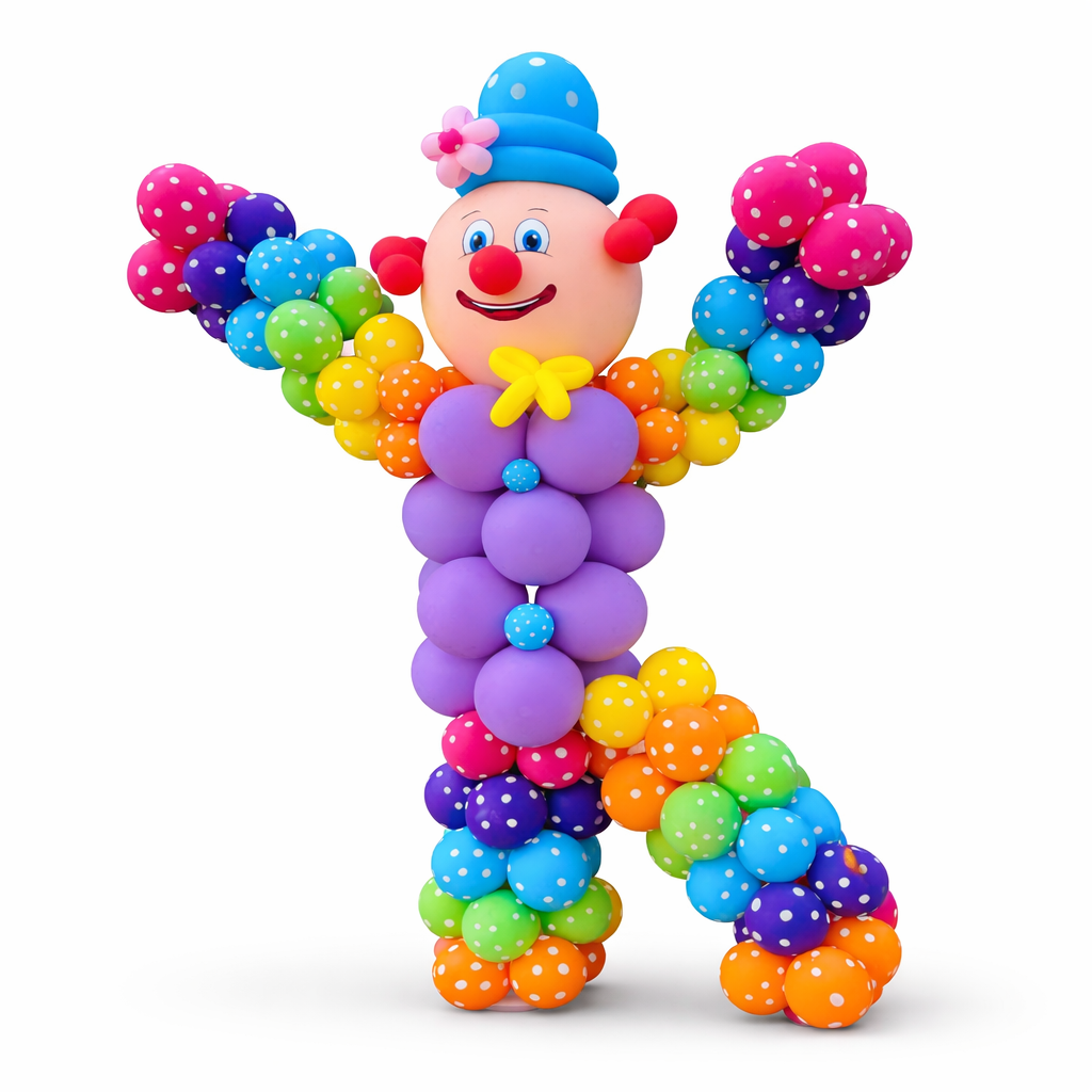 Colorful clown balloon sculpture with polka dot balloons, perfect for kids party decoration and event balloon decor in Toronto by Wooow Balloons