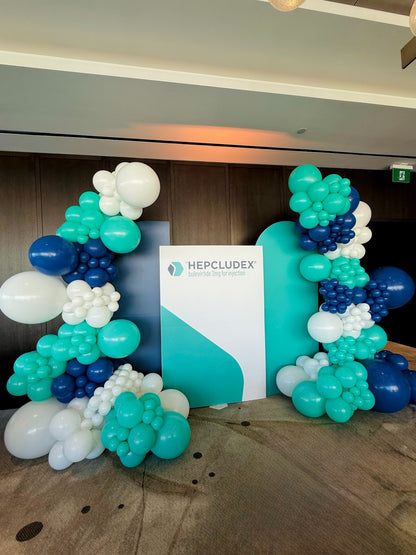 Blue and white balloon backdrop for business event Toronto