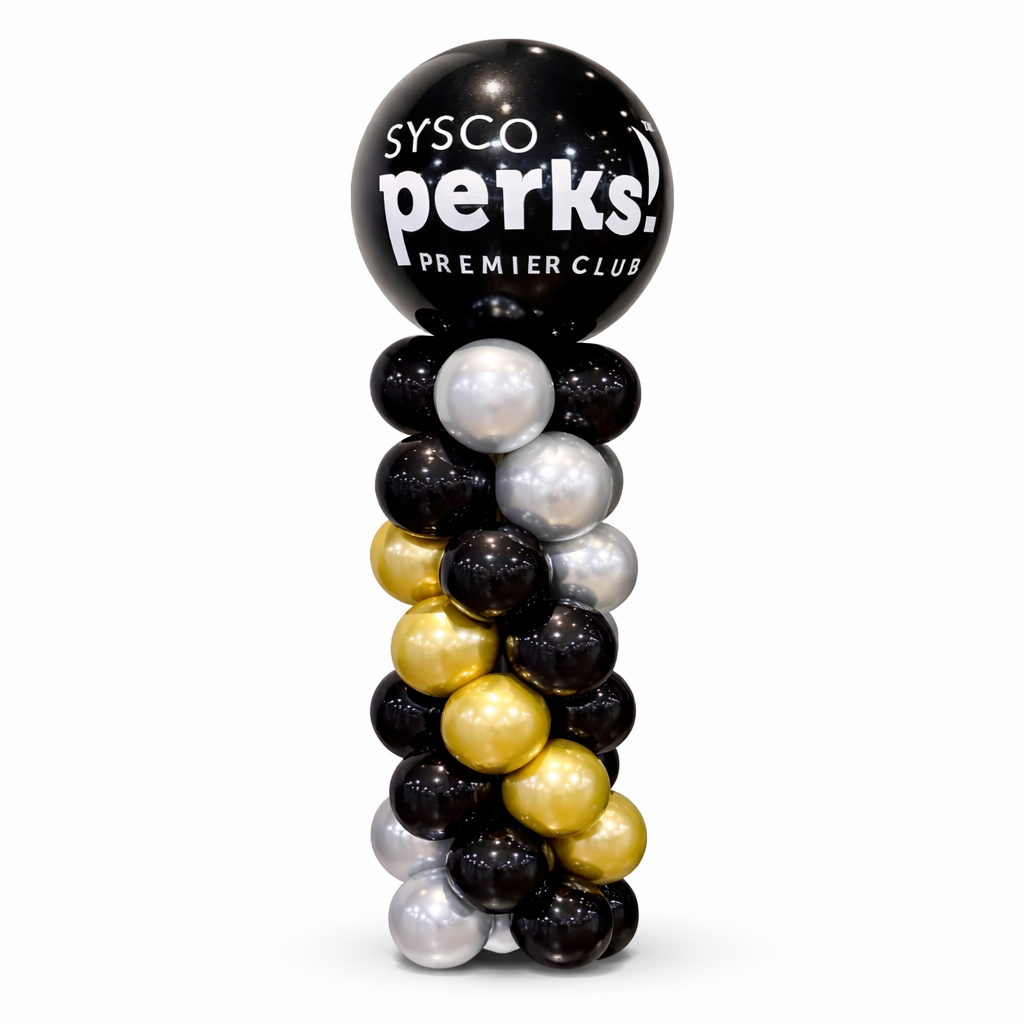 Corporate balloon column with custom logo in black, gold and silver for events in Toronto, premium balloon decor with branded top balloon and spiral design, same day delivery available