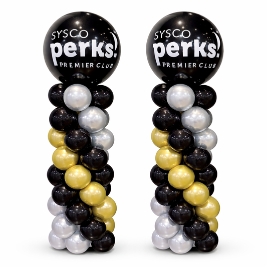 Two corporate balloon columns with custom logo in black, gold and silver, premium event decor for entrances and stage setups in Toronto, branded balloon pillars with same day delivery available