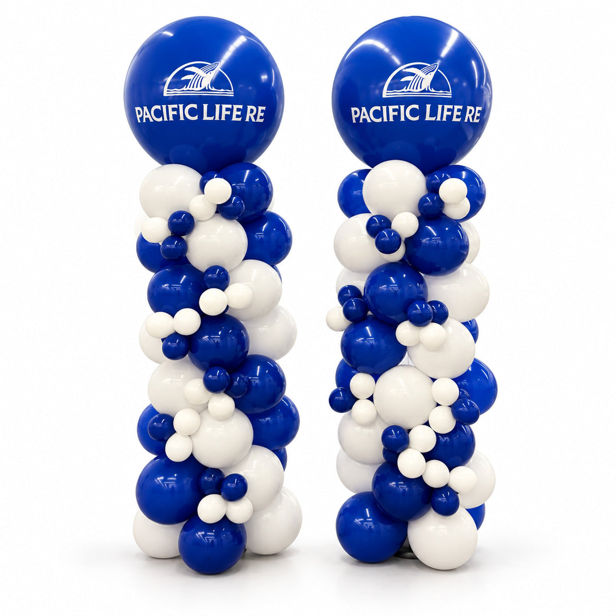 Two blue and white organic balloon columns featuring mini balloon clusters and jumbo toppers with custom Pacific Life Re logos.
