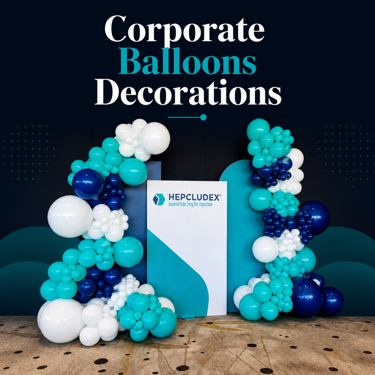 Blue, turquoise and white corporate balloon installation framing a Hepcludex display